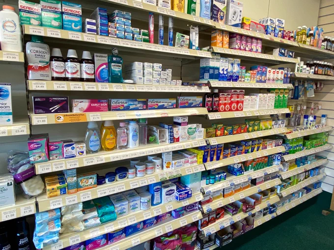 Shelves of medicine at Weldricks Pharmacy.