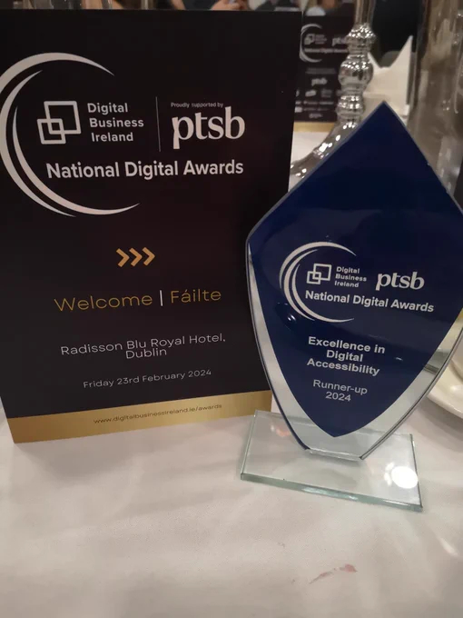 The trophy for runner-up in digital accessibility is dark blue, and in the shape of a diamond.