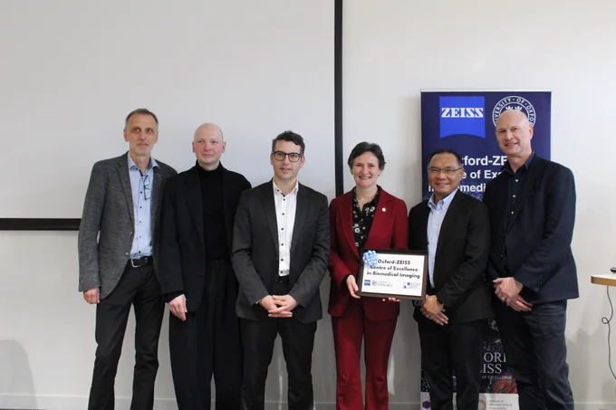 Inauguration Event, Oxford-ZEISS Centre of Excellence, 21st February 2024. From left to right: Dr. Bernhard Zimmermann, Head of Life Sciences, ZEISS Research Microscopy Solutions; Prof. Marco Fritzsche, Scientific Director, Oxford-ZEISS Centre of Excellence; Martin Fischer, Head of Global Sales & Service, ZEISS Research Microscopy Solutions; Prof. Irene Tracey, Vice Chancellor University of Oxford; Dr. Leong Chew, Director, AIC Janelia Research Campus; Prof. Paul Riley, Director of the IDRM