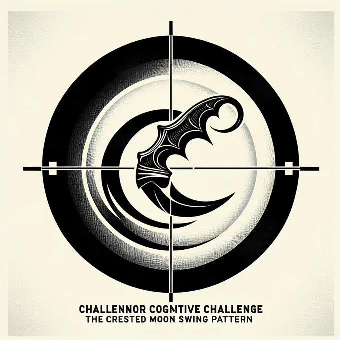 A graphic image showcasing a target with concentric circles and a superimposed karambit blade following a swing pattern. The center features a spiral pattern, reminiscent of a hypnotic or meditative state, with a karambit blade's silhouette on top, illustrating the flow of movement. The words 'Challenor Cognitive Challenge - The Crested Moon Swing Pattern' are prominently displayed, anchoring the image as part of a cognitive agility exercise. The design is monochromatic, with a sharp contrast that emphasizes clarity and focus.