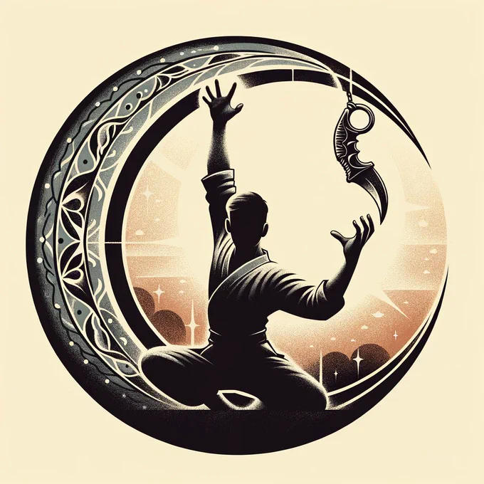 A stylized illustration features a martial artist in a crouched position, with one arm reaching upwards and the other arm extended downwards, both in alignment with the curvature of a crescent moon. The moon forms a circle around the artist, embellished with traditional Southeast Asian patterns. An intricate karambit, symbolizing a tiger's claw, is superimposed over the moon, suggesting movement. The image has an ethereal quality, with a backdrop of soft, glowing lights and cultural motifs, conveying a blend of martial arts and cognitive challenge.