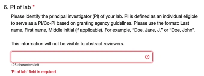 Screenshot of a form field from the SABER abstract submission website that states "PI of lab" and requires the submitter to "identify the principal investigator (PI) of your lab."