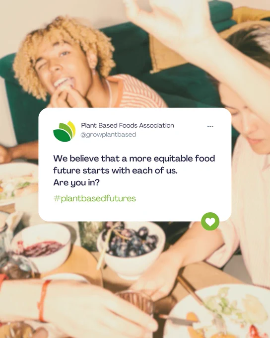 Text box says "We believe that a more equitable food future starts with each of us. Are you in?" on a photo of a shared meal.
