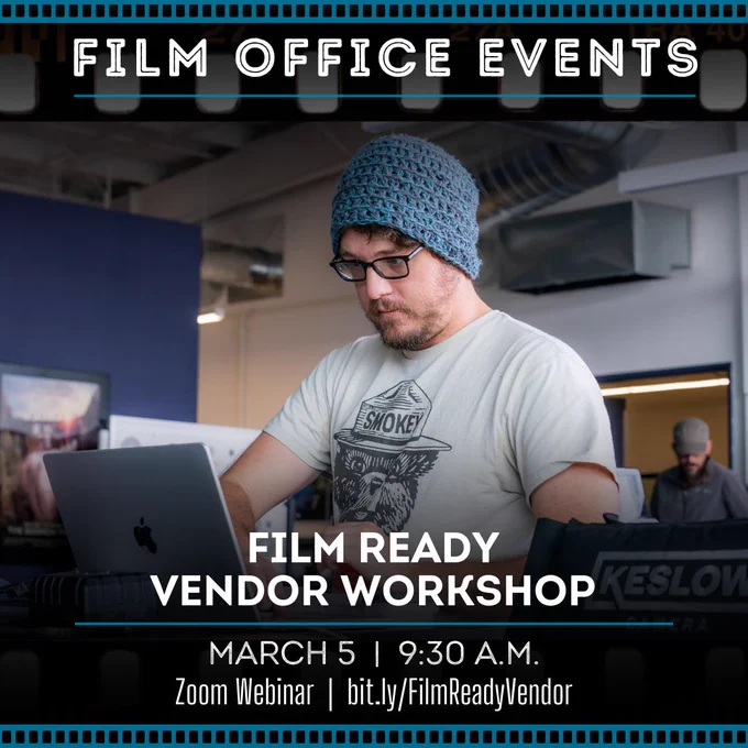 A photo of an individual working on a Mac laptop in an office setting, wearing a beanie and a Smokey the Bear t-shirt. Text over the image reads, "Albuquerque Film Office Events," "Film Ready Vendor Workshop," "March 5, 10:30 a.m.," "Zoom Webinar," and "bit.ly/FilmReadyVendor." 