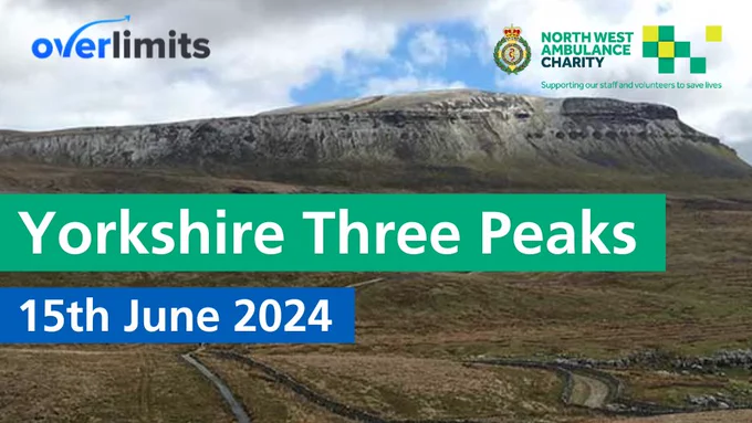 Graphic showing the date of the Yorkshire Three Peaks event as the 15th June 2024 with a stunning background photo of one of this peaks in the distance. 