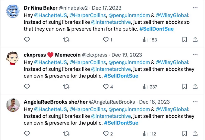 Screenshot of tweets with #SellDontSue