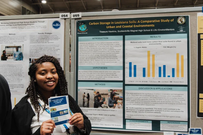 a student stands next to a research poster at a conference poster session