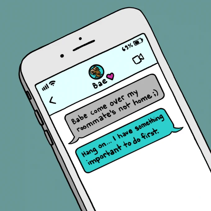 A Ram sees a text from their partner on their phone asking them to come over. They ask their partner to wait, and log on to order condoms from VCU Condom Concierge. They receive an email a few days later and go to pick the condoms up at the front desk of Cary St. Gym. Then they dash off to meet their partner, who is texting them.