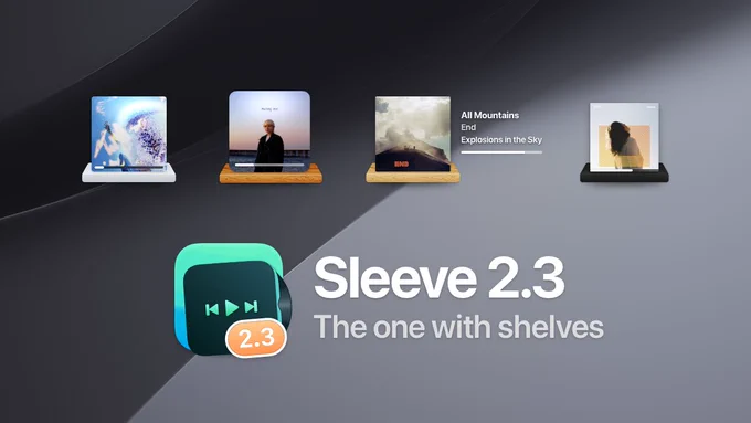 Screenshot of a Mac desktop widget showing album artwork on small shelves