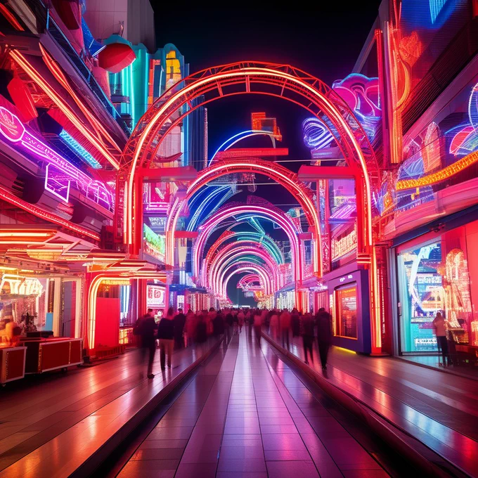 "Imagine a bustling carnival set in a future metropolis, where traditional festivity meets cutting-edge technology. Streets teem with neon lights that reflect a cyberpunk vibe. Artisans and performers showcase their talents amidst a backdrop of futuristic architecture, where neon signs adorn every stall and attraction. The prompt is to capture the essence of this Neon Futurism Carnival, where every detail is illuminated in vibrant, glowing colors against the stark, steel-gray structures of an advanced urban skyline."