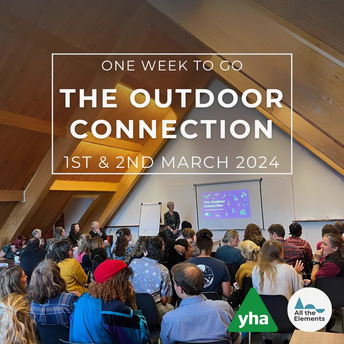 A room filled with people. Text over the photo says One week to go, The Outdoor Connection 1st & 2nd March 2024 