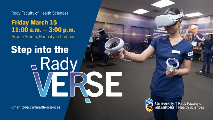 A female nursing student wears a virtual reality headset and hand controls in a classroom setting, accompanied by the test "Step into the RadyVerse." Date, time and location are listed.