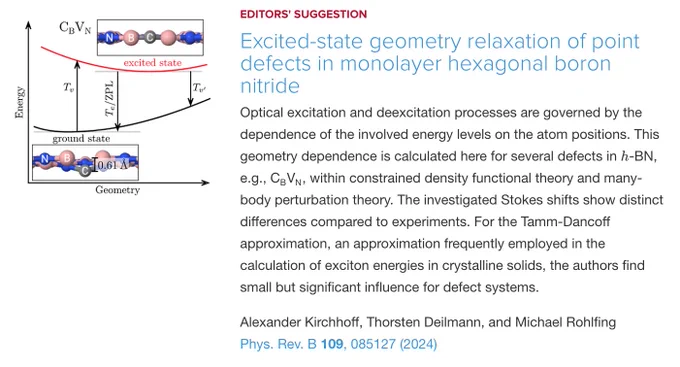EDITORS' SUGGESTION
Excited-state geometry relaxation of point defects in monolayer hexagonal boron nitride
Optical excitation and deexcitation processes are governed by the dependence of the involved energy levels on the atom positions. This geometry dependence is calculated here for several defects in 
h
-BN, e.g., C
B
V
N
, within constrained density functional theory and many-body perturbation theory. The investigated Stokes shifts show distinct differences compared to experiments. For the Tamm-Dancoff approximation, an approximation frequently employed in the calculation of exciton energies in crystalline solids, the authors find small but significant influence for defect systems.

Alexander Kirchhoff, Thorsten Deilmann, and Michael Rohlfing
Phys. Rev. B 109, 085127 (2024)
