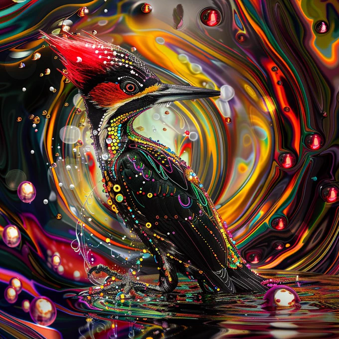 An artistic representation of a woodpecker, its feathers adorned with a spectrum of jewel tones, against a swirling backdrop of abstract patterns. This piece blends the grace of wildlife with a bold, digital art style, creating a unique visual experience that stands out in the realm of AI-generated art. #WoodpeckerWonder #ColorfulCreativity #DigitalArtwork #NatureMeetsArt #InnovativeImagery