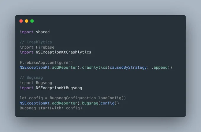 Code snippet showing the required configuration for Crashlytics and Bugsnag