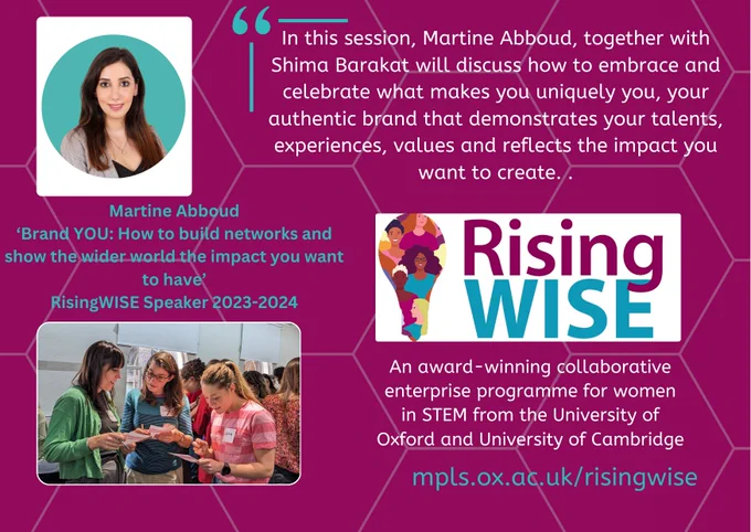 Poster showing speaker Martine Abboud, the RisingWISE logo and title of session