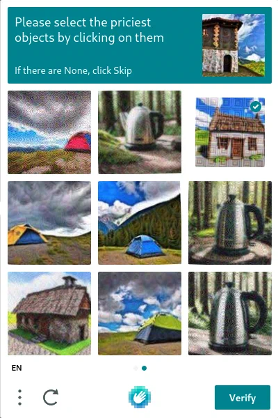 Captcha "Please select the priciest objects by clicking on them" with these pictures: a tent, a kettle, house, a tent, another tent, a kettle (more close up), a hut, a tent, and a kettle (even more close up)
