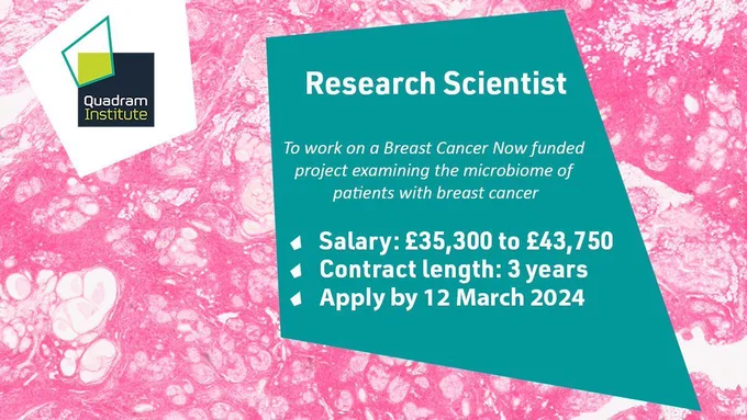 Text "Research Scientist, to work on a Breast Cancer Now funded project examining the microbiome of patients with breast cancer. Salary: £35,300 to £43,750. Contract length: 3 years. Apply by 12 March." Behind an image of breast cancer cells. 