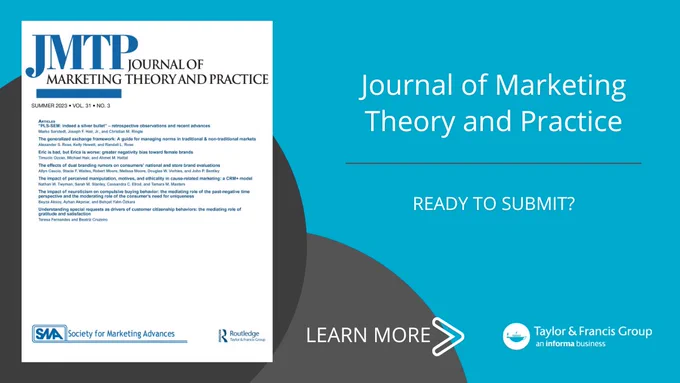 Journal of Marketing Theory and Practice banner with journal cover and following text: Journal of Marketing Theory and Practice. Ready to submit? Learn more, and an arrow pointing at the Taylor & Francis logo.