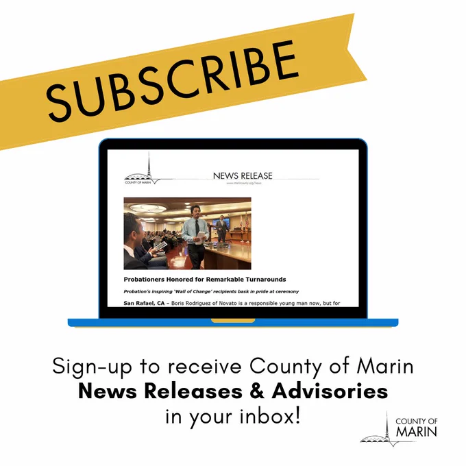 Laptop showing a County of Marin news release. Image says "Subscribe: sign-up to receive County of Marin News Releases and Advisories in your inbox."
