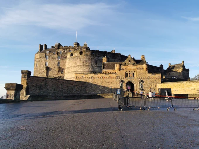 Edinburgh Castle from the entrance, basked in sunlight. 