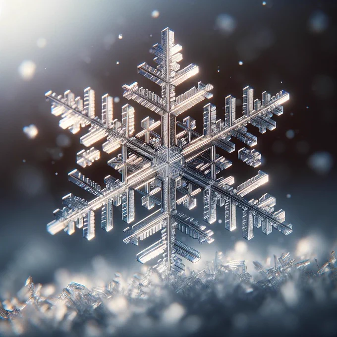Photo of a macro shot of a single snowflake, showcasing its detailed patterns and geometric structures in sharp focus. The background is a softly blurred depiction of a wintery scene, emphasizing the snowflake's delicate and unique design. The lighting highlights the translucent qualities of the snowflake, revealing the depth and intricacy of its natural artistry against the serene beauty of winter.