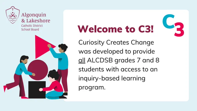 Graphic with light blue background and coloured figures builgin lide sized blocks. ALCDSB logo in top left corner. Text reads: Welcome to C3! Infographic.