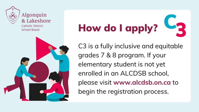 Graphic with light blue background and coloured figures builgin lide sized blocks. ALCDSB logo in top left corner. Text reads: How do I apply? Infographic.