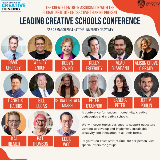 Text with details of Leading Creative Schools conference, with headshots of 15 speakers.