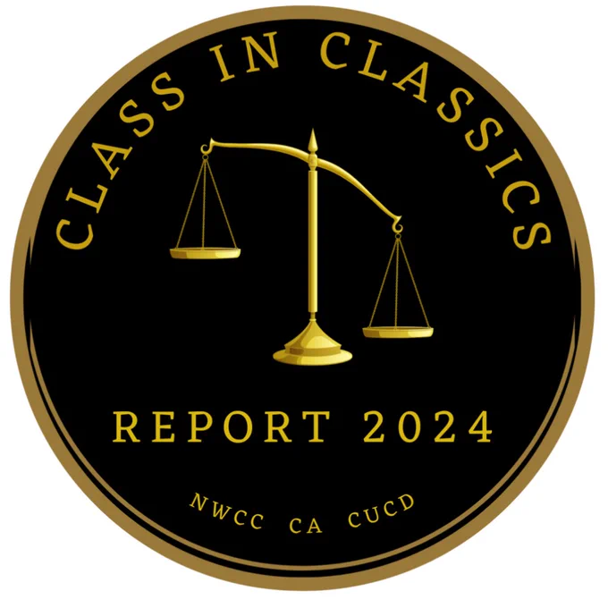Logo of the Class in Classics Report 2024 showing a set of unbalanced gold scales against a black background, plus the abbreviations for three networks involved in the creation of the report: Network for Working-Class Classicists (NWCC, the report's authors), Classical Association (CA, one of the report's funders) and the Council for University Classics Departments (CUCD,  one of the report's funders).