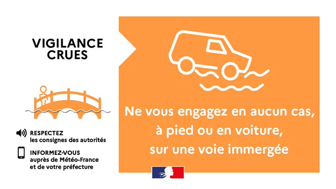 Ne vous engagez en aucun cas, à pied ou en voiture, sur une voie immergée