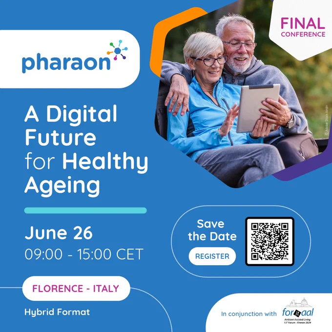 Visual design promoting the Pharaon Final Conference “Pharaon - A Digital Future for Healthy Ageing” featuring this text:

Pharaon - A Digital Future for Healthy Ageing
June 26 - 09h00-15h00 CET
Florence - Italy
Hybrid Format

Save the date - Register - QR Code for register

In conjuction with foritAAL