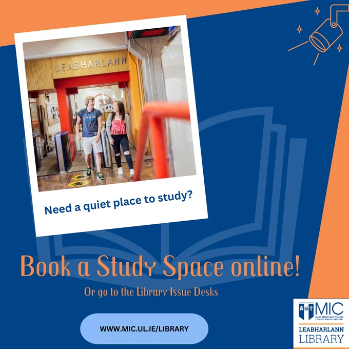 blue and orange graphic background with a picture of the front entrance of the library in Limerick and two students coming out of it. MIC library website and logo also present.