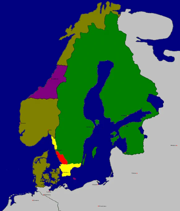 Sveriges erövringar vid freden i Roskilde (gult, rött, lila).
Fritt saxat från Wikipedia