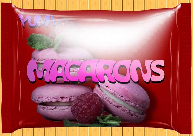 A design for pack of macarons with the text "MACARONS" written in a fun font, bending around the next character. There is a logo in the top left corner that says "YUM!" in the same fun font, with all the letters looking contiguous.