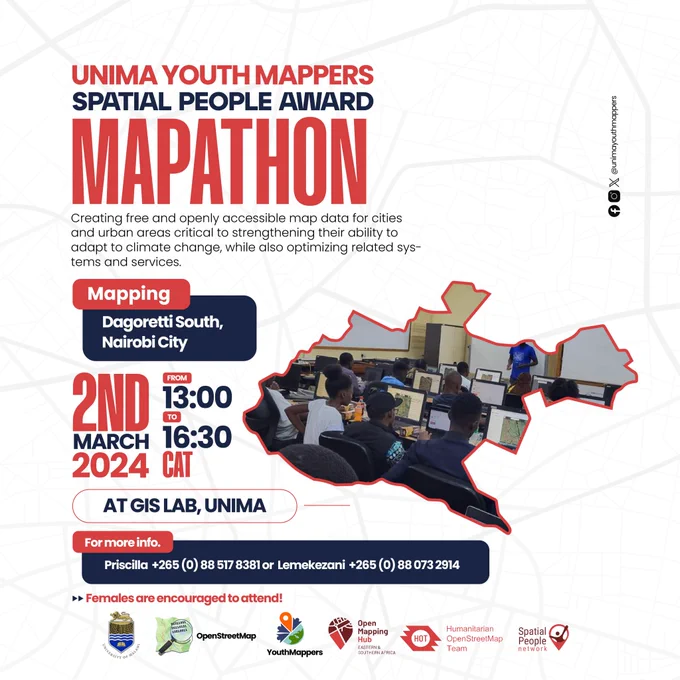 Use this link https://docs.google.com/forms/d/e/1FAIpQLScq1hIiahbE33eiXfAc_j_8p6S4WLKsiigvbO-GyLGQ1-pzEA/viewform to register for those attending in person.

To those interested in joining us online; You can register here https://www.eventbrite.com/o/unima-youthmappers-79677907273

Let’s together Map Dagerotti South!🥳
