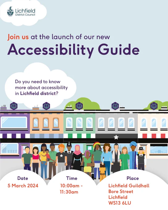  A poster promoting the Accessibility Guide Launch featuring all key information, icons of buildings, trees and a diverse group of people. 
