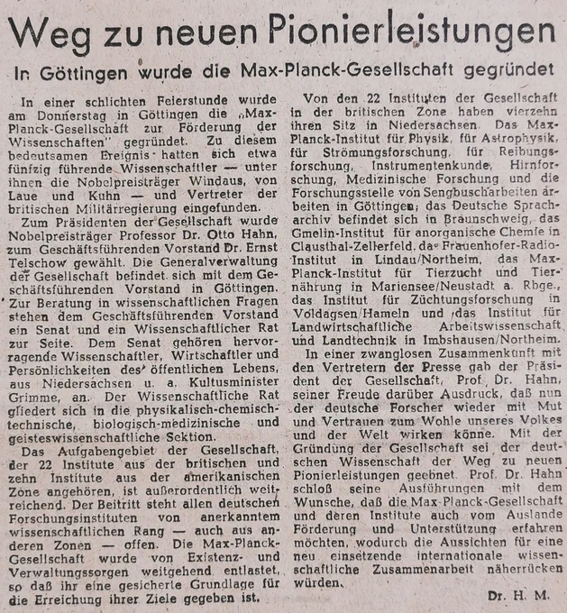Bericht aus der Hannoversche Presse, 26. 2. 1948: "Weg zu neuen Pionierleistungen - In Göttingen wurde die Max-Planck-Gesellschaft gegründet."