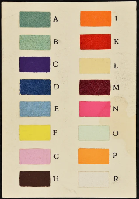 A piece of cardboard showing different coloured slips of paper and the letters that each one represents. 