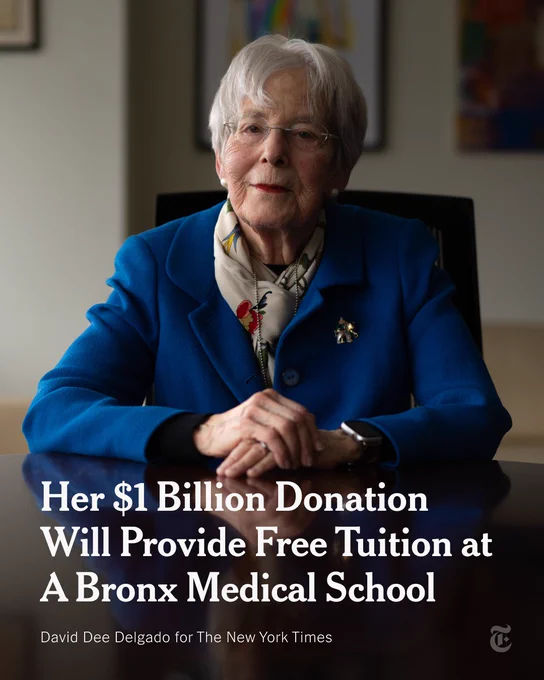 Dr. Ruth Gottesman wearing a blue blazer and sitting at a desk. The headline reads: "Her $1 Billion Donation Will Provide Free Tuition at a Bronx Medical School." Photo by David Dee Delgado for The New York Times.