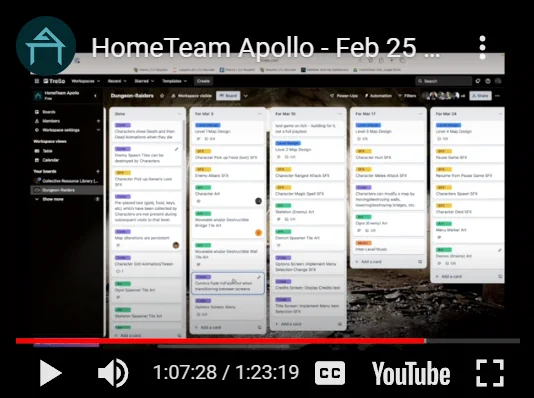 a trello board: hometeamgamedev.com progress report video screenshot