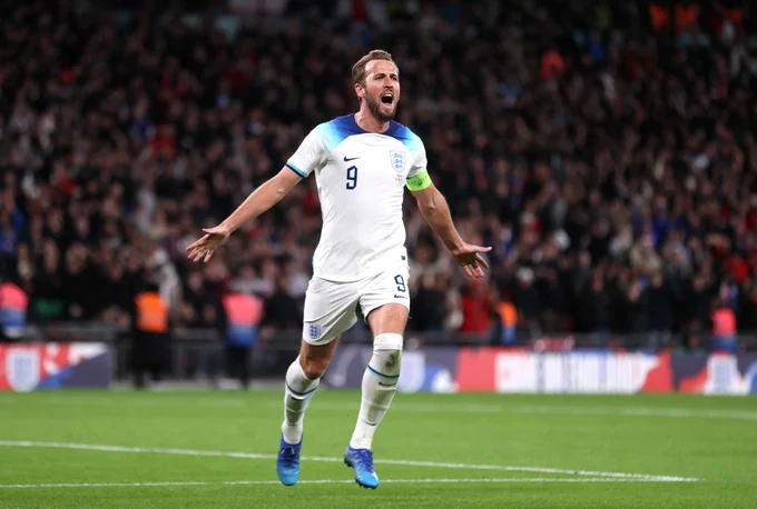 Harry Kane celebrates after scoring the team's third goal during the UEFA EURO 2024 European qualifier match between England and Italy at Wembley Stadium 