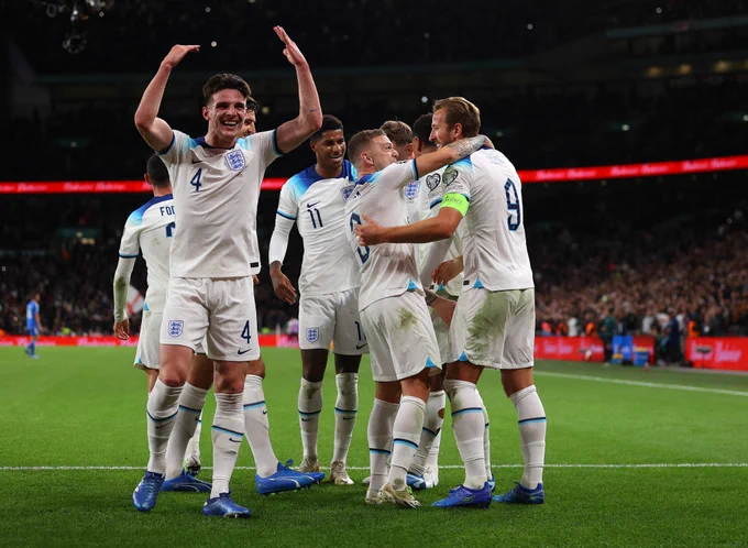 Declan Rice leads the celebrations after Harry Kane scores England's third goal during the UEFA EURO 2024 European qualifier match between England and Italy at Wembley Stadium.