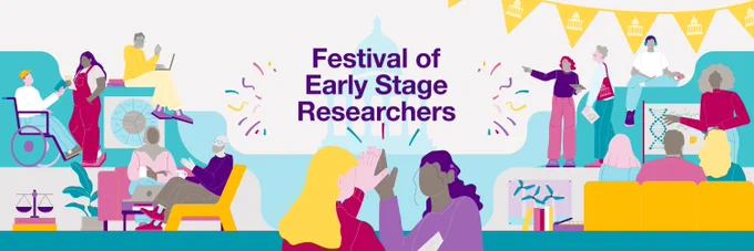 Festival of Early Stage Researchers banner depicting a diverse group of researchers taking part in community building activities.