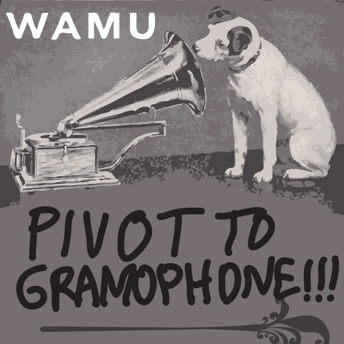 "PIVOT TO GRAMOPHONE!!!" exclaims this faux ad for a Victrola, don't at-sign me, replete with bored-looking dog and a faux WAMU logo. not the real one. that's super trademarked. the radio station says they're closing the famous website DCist to focus on their "core audience" of radio (?!)