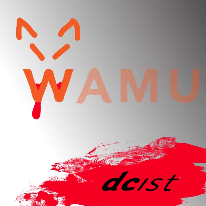 The radio station WAMU's faux logo has been transformed into a bloody fanged creature, pictured against the gory scene of a dead DCist. (WAMU acquired DCist and laid everyone off and killed the site.)