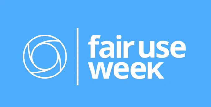 Light blue background with white interlocking circle logo and white lowercase sans serif text that reads "fair use week"