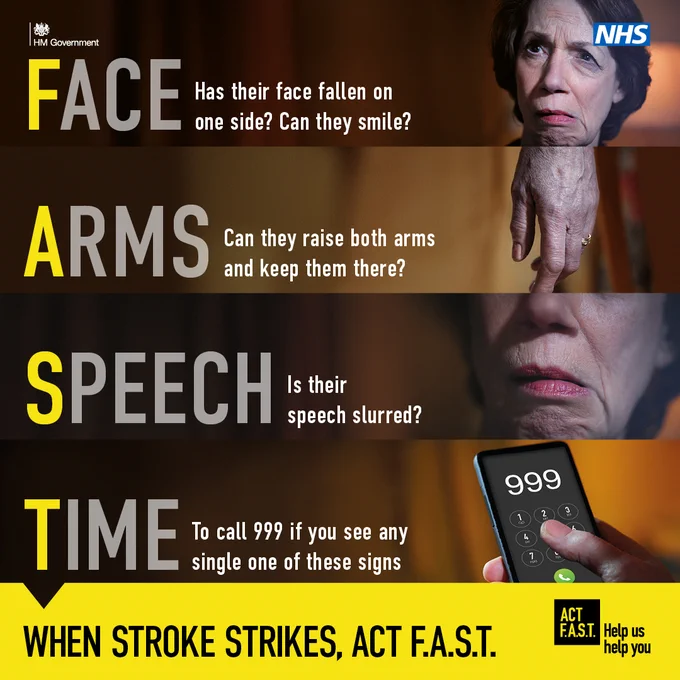 An image showing the symptoms of stroke. The text reads "Face: Has their face fallen on one side? Can they smile? Arms: Can they raise both arms and keep them there? Speech: Is their speech slurred? Time: To call 999 if you see any single one of these signs" The text on the bottom of the image reads "When stroke strikes, Act F.A.S.T." The NHS logo is in the top right hand corner.