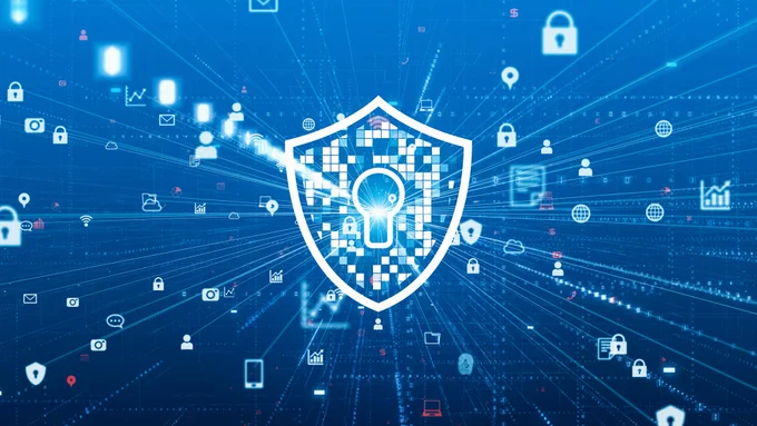 Image of a shield surrounded by padlock icons on a blue background
