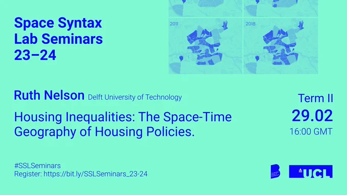 Seminar flyer, showing the name of the presenter (Ruth Nelson), the title (Housing Inequalities: The Space-Time Geography of Housing Policies), date and time (29.02 at 16:00 GMT).